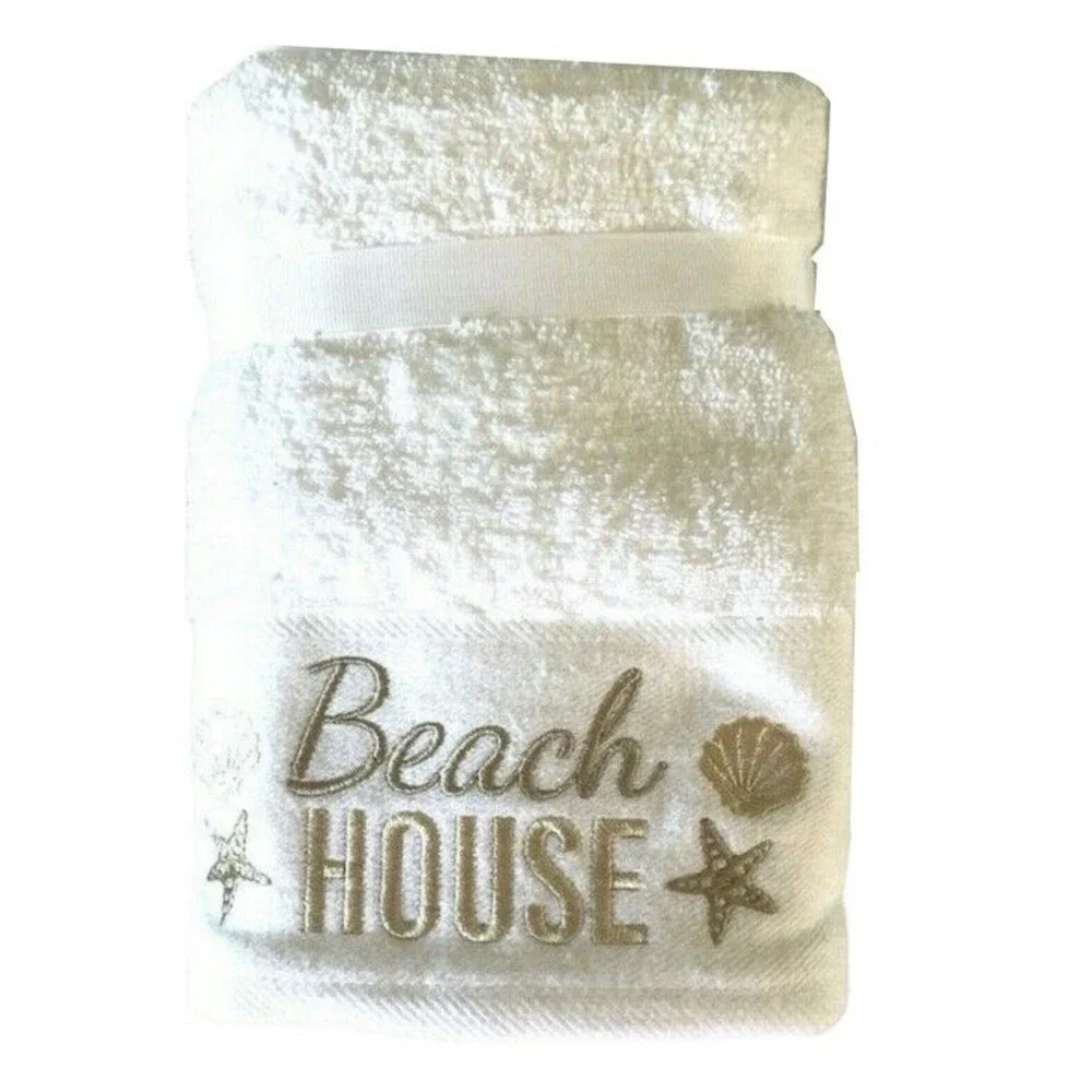 Shells Starfish Hand Towels Gold Embroidered Bathroom Beach House Set of 2 Soft